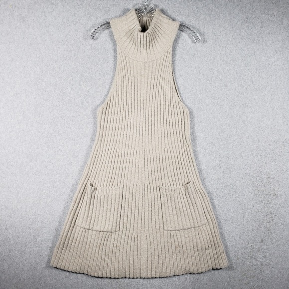 Free People Dresses & Skirts - Free People Ribbed Knit Turtleneck Dress S Beige Sleeveless‎ Mini Boho Pockets